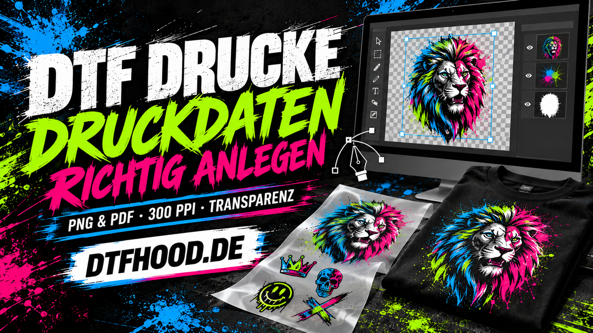Druckdaten für DTF Drucke vorbereiten: Motiv mit transparentem Hintergrund am Bildschirm, Transferbogen und bedrucktes Textil.