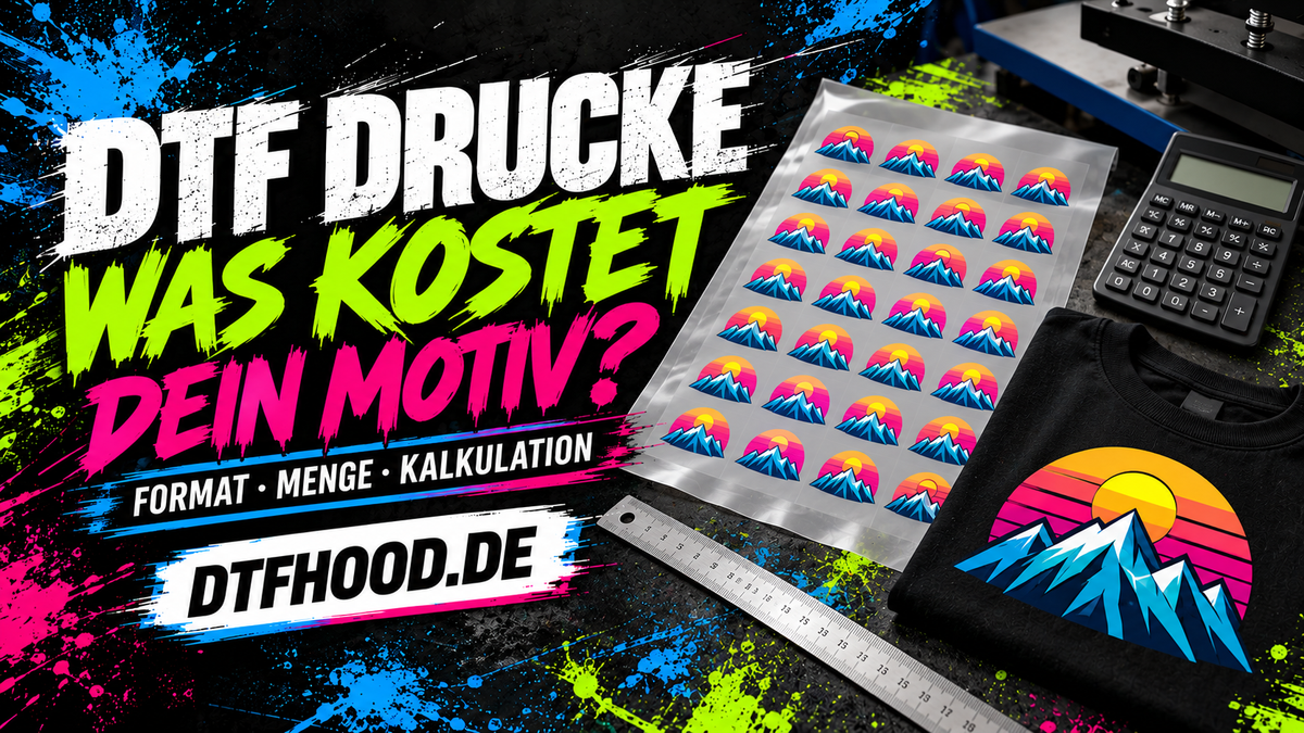 DTF Drucke kalkulieren: Transferbogen mit mehreren Bergmotiven, Taschenrechner, Lineal und ein bedrucktes schwarzes Shirt.