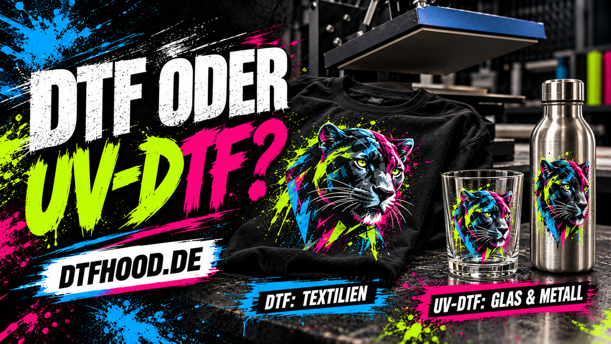 Vergleich von DTF und UV-DTF: schwarzes Shirt mit buntem Panthermotiv neben einem Glas und einer Metallflasche mit passenden Motiven.
