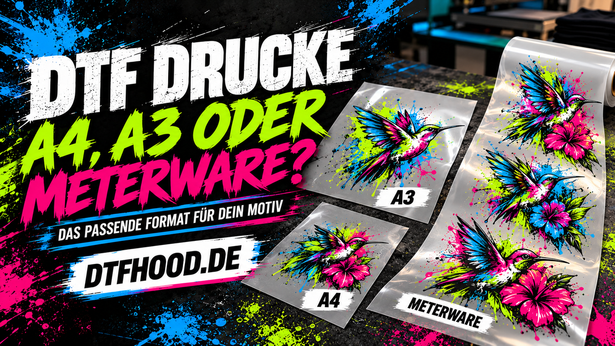DTF Drucke im Formatvergleich: zwei Transferbögen mit A4- und A3-Kennzeichnung sowie eine längere Meterware-Fläche mit bunten Kolibri-Motiven.